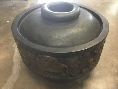 Lot 177 - Sundry items including large Deco Continental plaster relief vase, also textiles - damask tablecloths and embroidered napkins etc, also Greek hammered brass light fitting, twin branch wall light