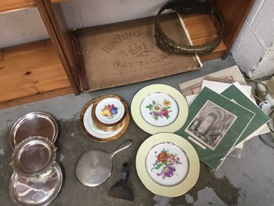 Lot 202 - 19th century Continental ceiling light, together with group of various prints, flat iron, pair of Vienna style dishes and various other dishes