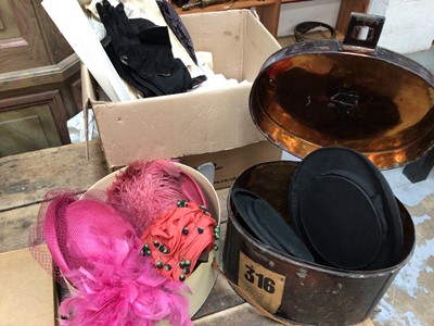 Lot 34 - A box of linen, together with vintage pairs of kid gloves, three vintage ladies hats in a Scott's hat box, and two collapsible top hats in a tin hat box