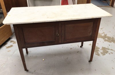 Lot 868 - Edwardian mahogany inlaid washstand with marble top on square tapered legs H80, W122, D57cm, Georgian oak hanging corner cupboard H103, W81, D50cm and a oak drop leaf table H76, W135, D105cm