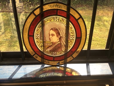 Lot 60 - Victorian stained glass circular panel, painted depicting a portrait of Queen Victoria, dated 1887, commemorating the Golden Jubilee, approximately 31cm diameter