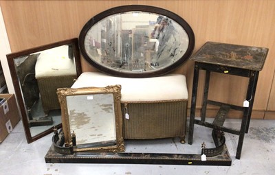 Lot 870 - Chinoiserie black lacquered side table with square top H74, W46cm, chinoiserie fender together with a Lloyd Loom ottoman and three wall mirrors