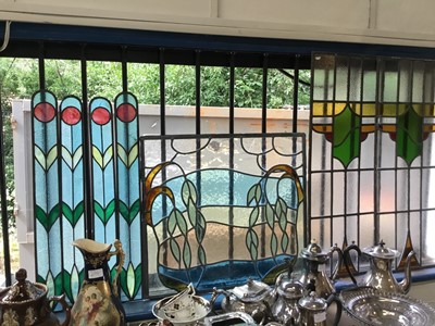 Lot 224 - Group of  Art Nouveau and Art Deco stained glass panels, largest approximately 82cm x 32cm