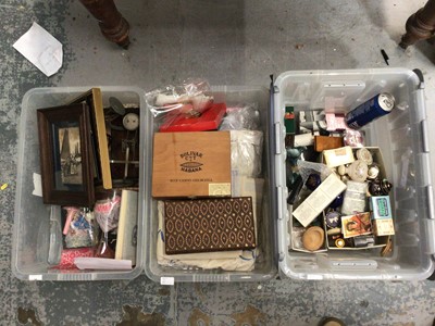 Lot 35 - Three boxes of sundries, including lace, silver plate, vintage toiletries, scales, et