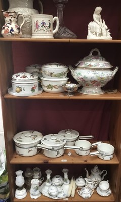 Lot 203 - Group of decorative ceramics to include a set of five French Limoges porcelain sauce pans retailed by Asprey London, Royal Worcester Evesham, large 19th century soup tureen, glass ships decanter et...