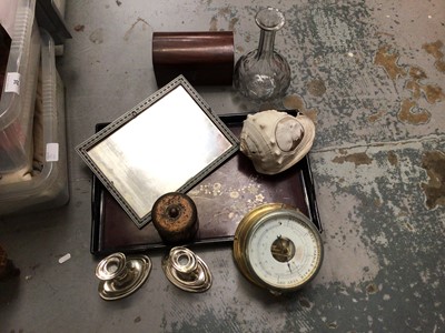 Lot 38 - Box of sundry items, to include a carved conch shell, German brass barometer, Sadeli-type frame, etc