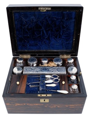 Lot 792 - Victorian coromandel toiletry box with silver mounted cut glass fittings