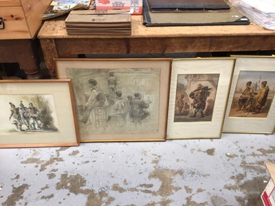 Lot 40 - Late 19th century French chalk study of a life drawing class, a North African watercolour, and a pair of prints of North African subjects (4)