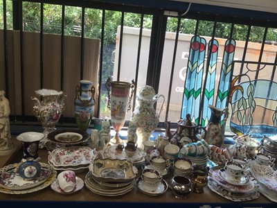 Lot 209 - Large quantity of decorative 19th century English and Continental ceramics to include Coalbrookdale flower encrusted lidded vase, Paris porcelain vase, Dresden vases, antique tea and dessert wares