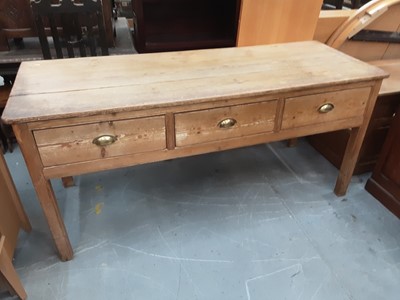 Lot 882 - Nineteenth century pine dresser base with three drawers on square legs, 180cm wide, 66cm deep, 82.5cm high