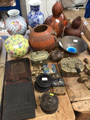 Lot 19 - Quantity of Eastern items, including Chinese porcelain, three carved gourds, Persian tile and snuff boxes, Chinese tea brick, brassware, book stand, etc