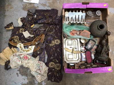 Lot 50 - Box of sundry items, including a 19th century spelter figure of Hebe, ancient pottery vessel and fragments, brass trench art plane, antique embroidery, etc