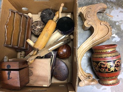 Lot 270 - Two boxes of treen and sundries to include carpet bowls (2 boxes)