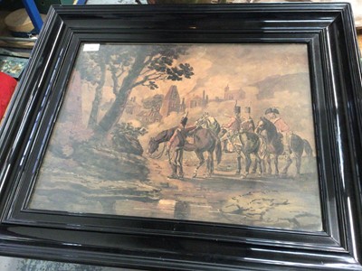 Lot 59 - Large 19th century military watercolour, soldiers on horseback, in ebony frame, 53.5 x 41.5cm excl. frame