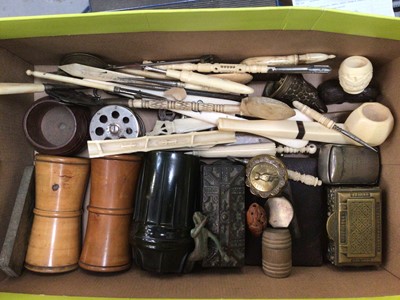 Lot 129 - Box containing metal, wood, bone and ivory items, some pieces early