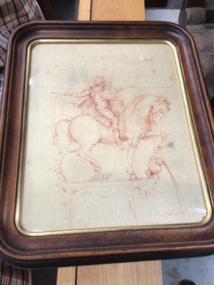 Lot 111 - Pen and ink sketch of a man riding a horse, framed and glazed