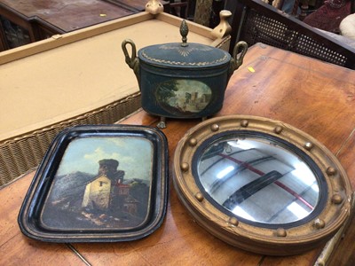 Lot 113 - 19th century toleware tray painted with a house and castle, a further toleware oval box painted with seascapes, and a gilt convex mirror
