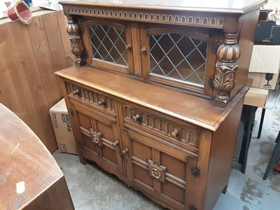 Lot 908 - Oak Court cupboard with two leaded glazed doors, 120cm wide, 48cm deep, 133cm high