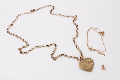 Lot 5 - 9ct gold heart locket on 9ct gold chain, one other gold chain and one gold earring