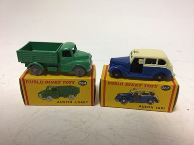 Lot 2043 - Dinky Dublo, VW Delivery Van 071, Royal Mail Van 068, Commer Van 063, Austin Taxi 067, Austin Lorry 064, all boxed (5)