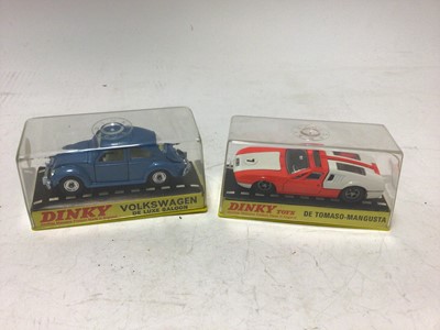 Lot 2136 - Dinky De Tomaro-Mangusta No 187, Volkswagon De Luxe Saloon No 129, both boxed, Ford Capri Rally Car No 213 (box only) and Chrysler 180 No.1409 (no box) (4), all boxed (3)