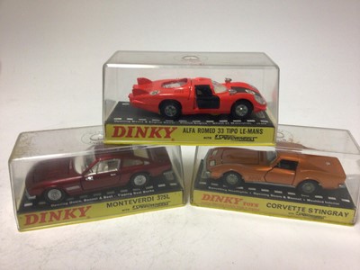 Lot 2137 - Dinky Monteverdi 375L No 190, Corvette Stingray No 221, Alfa Romeo 33 Tipo Le-Mans No 210, all boxed (3)
