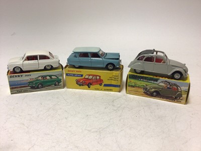Lot 2193 - Dinky French Issue Fiat 850 No 509, 'AMI 6' Citroen No 557, 2CV Citroen 1966 No 500, all boxed (3)