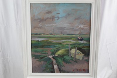 Lot 1112 - David Britton, contemporary, oil on board - Boats and Walkways at Tollesbury, signed, framed, 59cm x 49cm