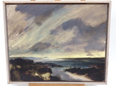Lot 291 - Sarah Chalmers, contemporary, oil on board - stormy coastline, 41cm x 51cm, framed