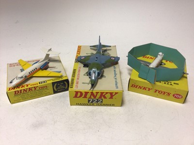 Lot 2235 - Dinky Hawker Harrier no 722, Hawker Sidderley HS 125 Executive Jet No 723, Vickers Viscount 800 Air Liner B.E.A. No 708, all boxed (3)