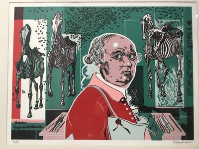 Lot 123 - Rigby Graham (1931-2015) linocut in colours ‘George and the bluebottles’, signed and numbered 33/60
