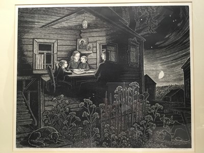 Lot 124 - Vladimir Emilianov (Contemporary) very large linocut print, signed and dated 1985, Domestic scene, image 55 x 67cm, glazed frame