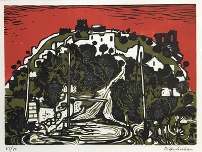 Lot 134 - Rigby Graham (1931-2015) linocut in colours, Demamase, Ireland, signed and numbered 67/70, titled verso, 28 x 35cm, glazed frame