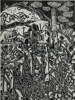 Lot 135 - Rigby Graham (1931-2015) woodcut print, industrial landscape, signed with initials, inscribed verso 'one of Rigby Graham's last woodcuts, cut by him whilst in bed! , image 30 x 22cm, glazed frame