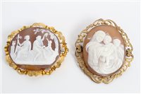 Lot 3221 - Two carved shell cameo brooches in scroll...