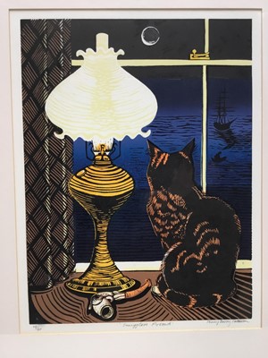 Lot 138 - Penny Berry Patterson (1941-2021) colour linocut, Smuggler's Friend, signed titled and numbered 14/40, 41 x 31cm, glazed frame