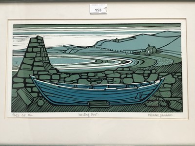 Lot 153 - Nicholas Barnham (b. 1939) linocut in colours, Westing Unst, signed and numbered 46/50 A/P, 20 x 36cm, glazed frame