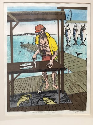 Lot 143 - Penny Berry Paterson (1941-2021) monoprint - Sharing the spoils, South Padre Island, signed titled and numbered 1/1, image 53 x 40cm