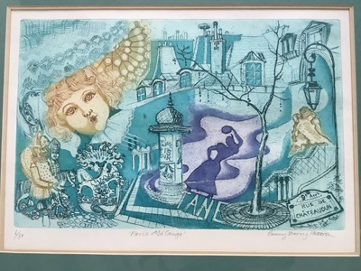 Lot 144 - Penny Berry Paterson (1941-2021) colour etching 'Paris Melange', signed titled, numbered 6/50, 21 x 33cm, glazed frame