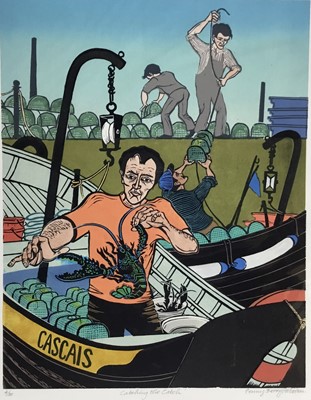 Lot 147 - Penny Berry Paterson (1941-2021) colour linocut - Catching the catch, signed titled and numbered 4/30, 42 x 33cm