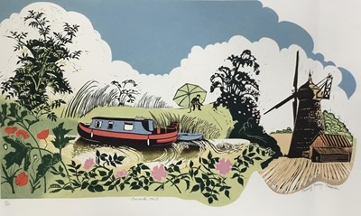 Lot 149 - Penny Berry Paterson (1941-2021) colour woodcut print, Barnack Mill, signed titled and numbered 17/20, image 28 x 66cm