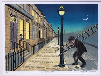 Lot 118 - Penny Berry Paterson (1941-2021) colour linocut, The lamplighter, signed titled and numbered 2/12, image 31 x 43cm, glazed frame