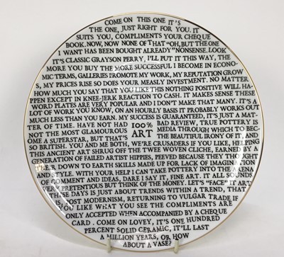 Lot 1118 - *Grayson Perry RA (b.1960) '100% Art Plate', 2020, fine china plate, with artist's seal printed to base, produced for The Sainsbury Centre, Norwich, diameter 21cm