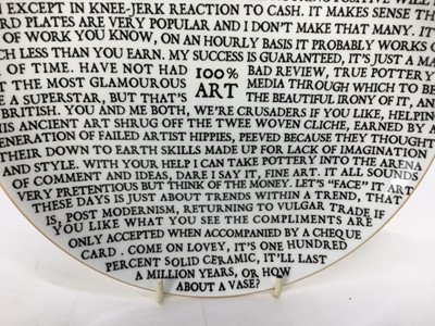 Lot 1118 - *Grayson Perry RA (b.1960) '100% Art Plate', 2020, fine china plate, with artist's seal printed to base, produced for The Sainsbury Centre, Norwich, diameter 21cm