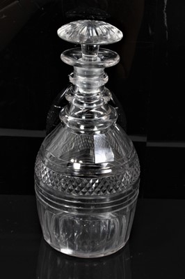 Lot 125 - Georgian cut glass ring neck decanter with facet cut decoration and mushroom stopper, 24.5cm overall