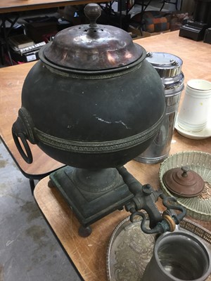 Lot 270 - 19th Century Copper Samouvar, silver plated gallery tray, thermos flask and sundry items