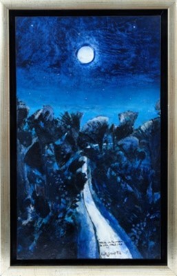 Lot 1137 - *Keith Grant (b.1930) acrylic, watercolour, ink and varnish on board – “White in the moon the long roads lies...”
