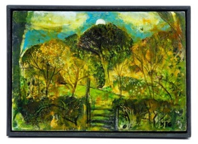 Lot 1140 - *Keith Grant (b.1930) oil on board - Day-moon over the Glebe, Selborne, initialled, signed, dated 7/17 and titled verso, framed, 13cm x 18.5cm 
Provenance: Chris Beetles Ltd. London