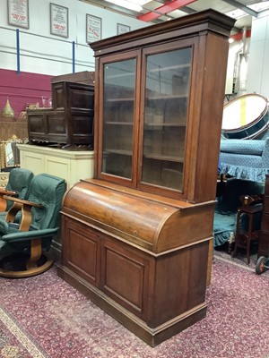 Lot 1039 - Large Victorian two-height roll-top bureau bookcase