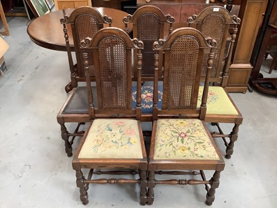Lot 888 - Set of five oak dining chairs with caned arched backs, four with tapestry seats